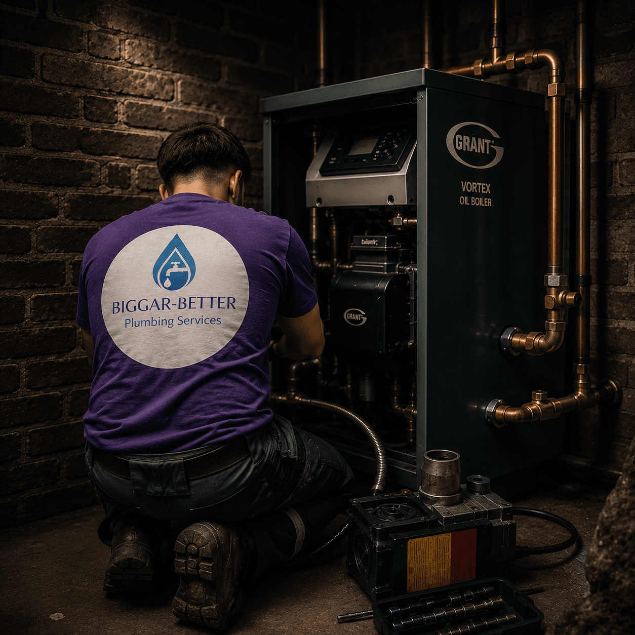 A Biggar-Better Plumbing technician repairs a Grant Vortex oil boiler in a brick basement.